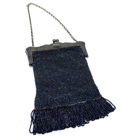 Antique Purse German Silver AB Seed Bead Handbag Fringe Link Chain Kiss Lock - Picture 4 of 9